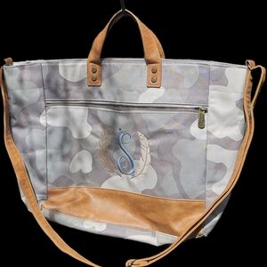 thirty-one Camo Tote with Brass Logo Zipper Pull Monogram S in Blue